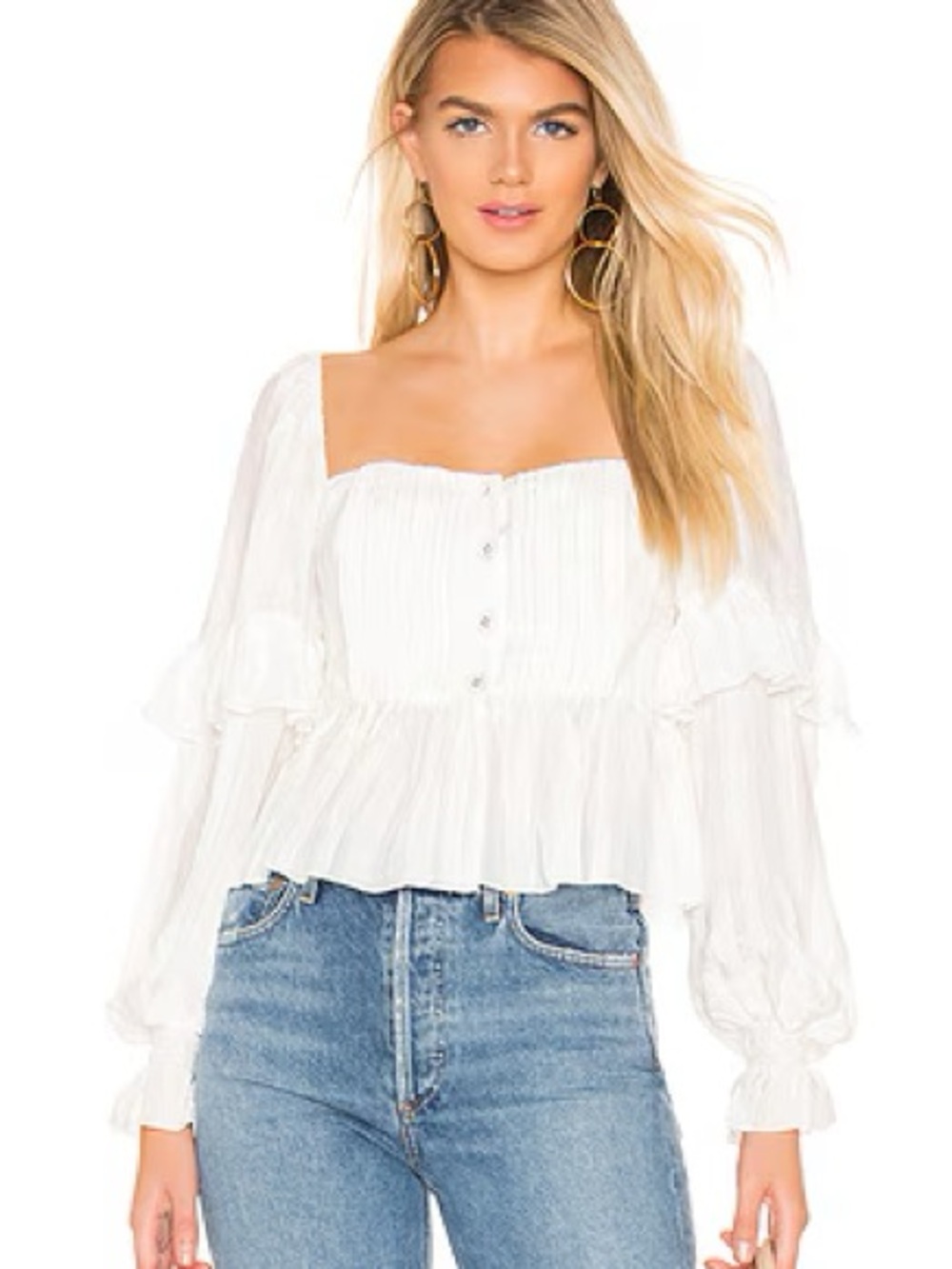 Tularosa White Square-Neck Buttoned Ruffle Blouse